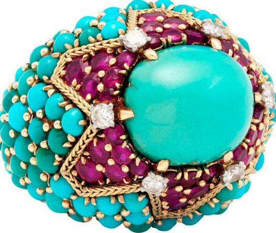 Bijou vintage Bague cocktail turquoises, rubis, diamants, or