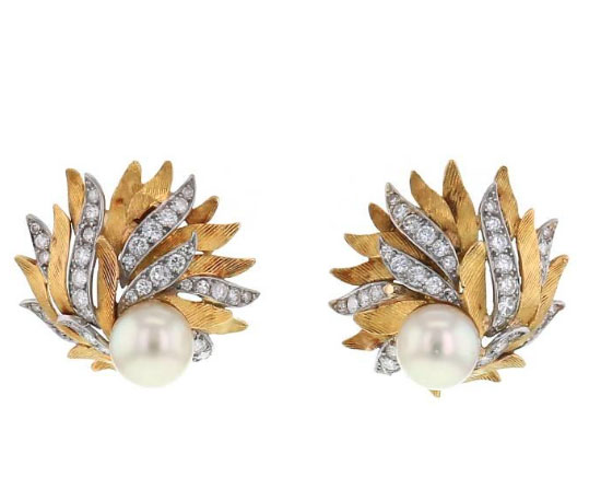 Bijou Vintage Clips or, platine, diamants, perles de culture
