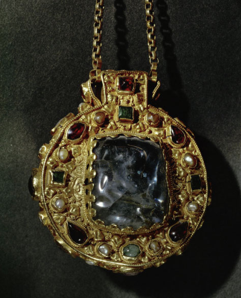 Bijou Moyen Age Talisman de Charlemagne, saphir, pierres fines, perles, or
