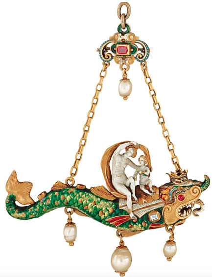 Bijou Renaissance Pendant or, émail, perles, rubis