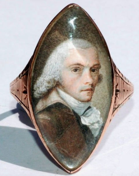 Bijou de la Révolution Bague miniature sur ivoire, sous cristal, portrait Robespierre