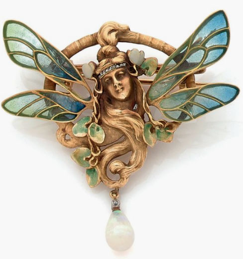 Bijou Art Nouveau Broche émail plique-à-jour, or, roses de diamants, perle fine, George Brunet