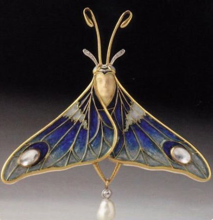 Bijou Art Nouveau Broche pendentif, émail plique-à-jour, pierres de lune, perle fine, diamants, or, platine