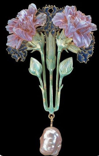 Bijou Art Nouveau Broche or, émail et perle fine René Lalique