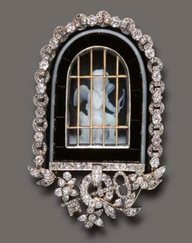 Bijou du XIX Broche camée onyx, argent, or, diamants