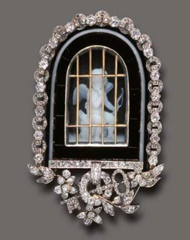 Bijou du XIX Broche camée onyx, argent, or, diamants Bijou du XIX Broche camée onyx, argent, or, diamants