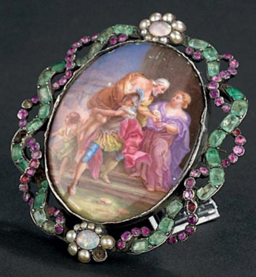 Bijou du XVIIIème Broche argent, miniature émaillée, pierres de couleur, perles fines Bijou du XVIIIème Broche argent, miniature émaillée, pierres de couleur, perles fines