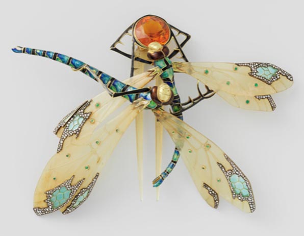 Bijou Art nouveau Pendentif libellules, corne, émail plique-à-jour, perles fines, citrine, or