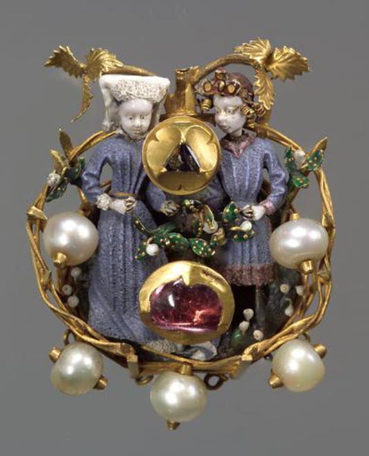 Bijou Moyen Age Broche, or, émail, pierres, 1400-1450 Pays bas