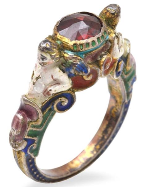 Bijou Renaissance Bague argent doré, émail, grenat