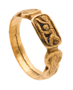 Bijou Moyen Age Bague St Christophe or traces émail 1450-1470 Angleterre